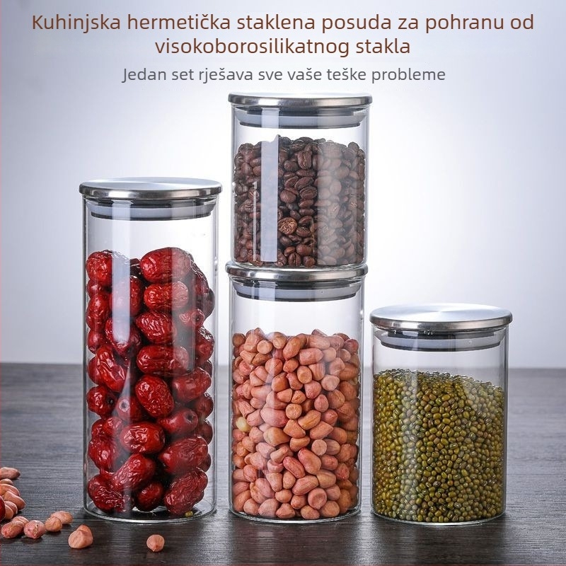 12-dijelni set staklenih posuda s čeličnim kapicama, hermetički zatvoren za skladištenje