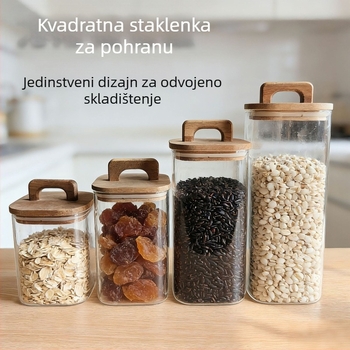 Staklena posuda s poklopom i držačem, borosilikatno staklo, zatvoren spremnik za kuhinju, skladištenje žitarica uz otpornost na vlagu.