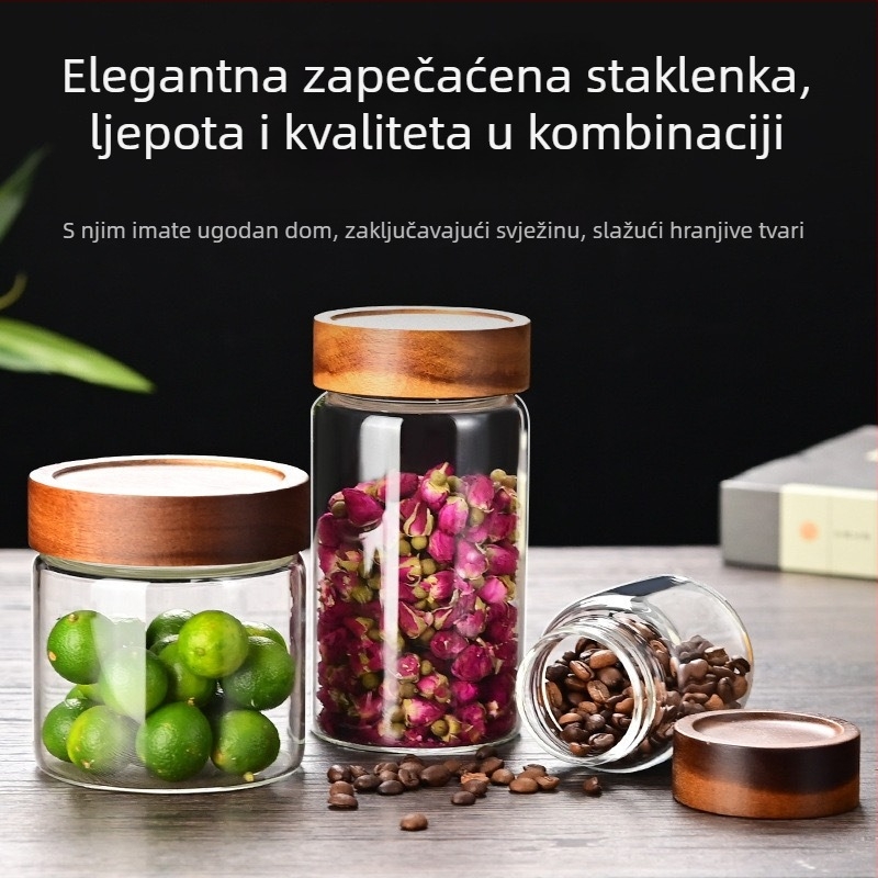 Prilagođeni prozirni stakleni spremnik s navojem za zrna kave, žitarice i čaj — spremnik za skladištenje od drveta akacije
