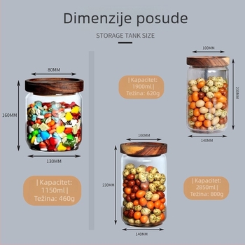 Drvena posuda od akacije s borosilikatnim staklom, zatvoreni kuhinjski spremnik za žitarice i suhe korice mandarine, bez olova