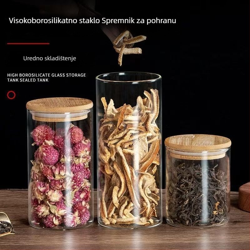 Okrugla posuda od borosilikatnog stakla, velika kapaciteta za skladištenje, otporna na vlagu i s poklopcem za čaj