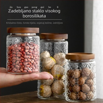 Retro staklena posuda za skladištenje sa čepom, Begonija cvijet, ručno puhana od visokobosilikatnog stakla s akacijinim drvetom