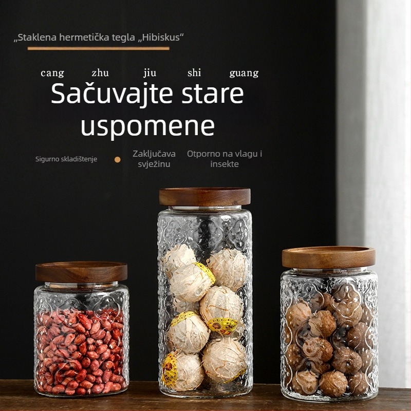 Retro staklena posuda za skladištenje sa čepom, Begonija cvijet, ručno puhana od visokobosilikatnog stakla s akacijinim drvetom