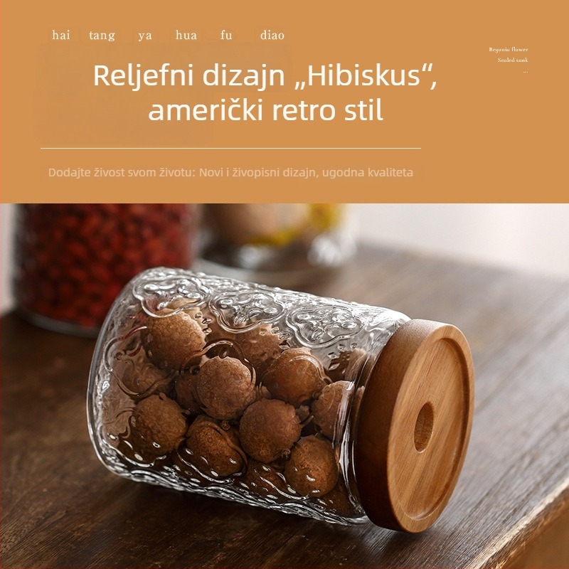 Retro staklena posuda za skladištenje sa čepom, Begonija cvijet, ručno puhana od visokobosilikatnog stakla s akacijinim drvetom