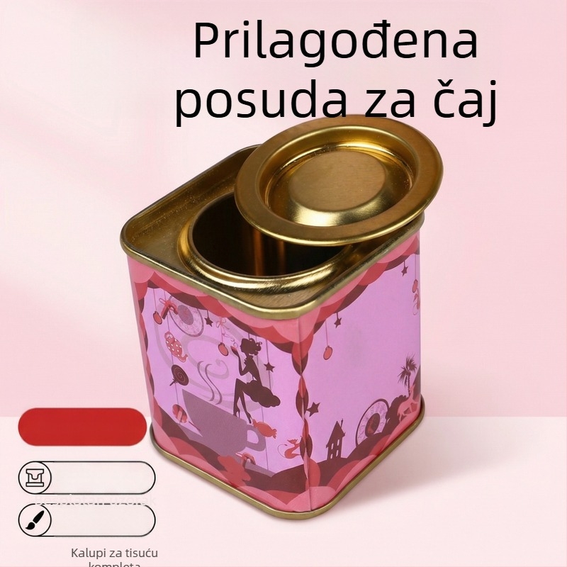 Zatvoren metalni kutija za čaj otporna na vlagu, kvadratnog oblika, mat završetak, prilagodljiv kapacitet