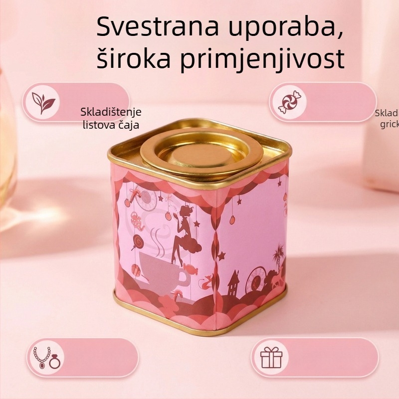 Zatvoren metalni kutija za čaj otporna na vlagu, kvadratnog oblika, mat završetak, prilagodljiv kapacitet
