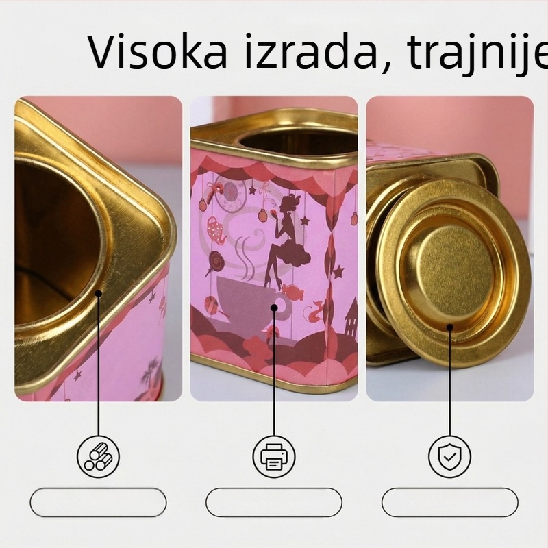 Zatvoren metalni kutija za čaj otporna na vlagu, kvadratnog oblika, mat završetak, prilagodljiv kapacitet