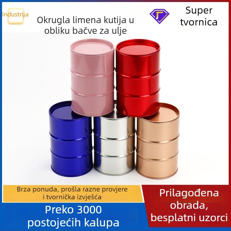 Prilagodljiva okrugla metalna kutija u obliku bačve za ulje, zatvorena metalna kutija za opću pakiranje