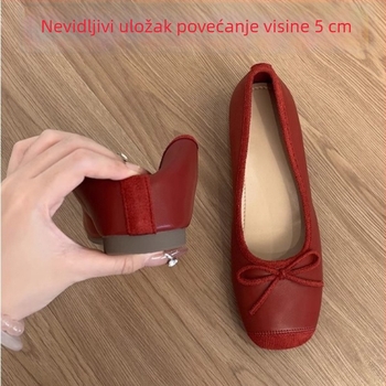 Ženske balerinke od ovčje kože, francuski stil, unutarnje povećanje visine, retro mašna, slip-on