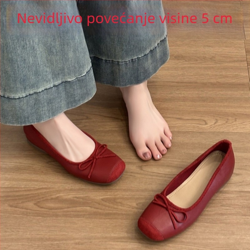 Ženske balerinke od ovčje kože, francuski stil, unutarnje povećanje visine, retro mašna, slip-on