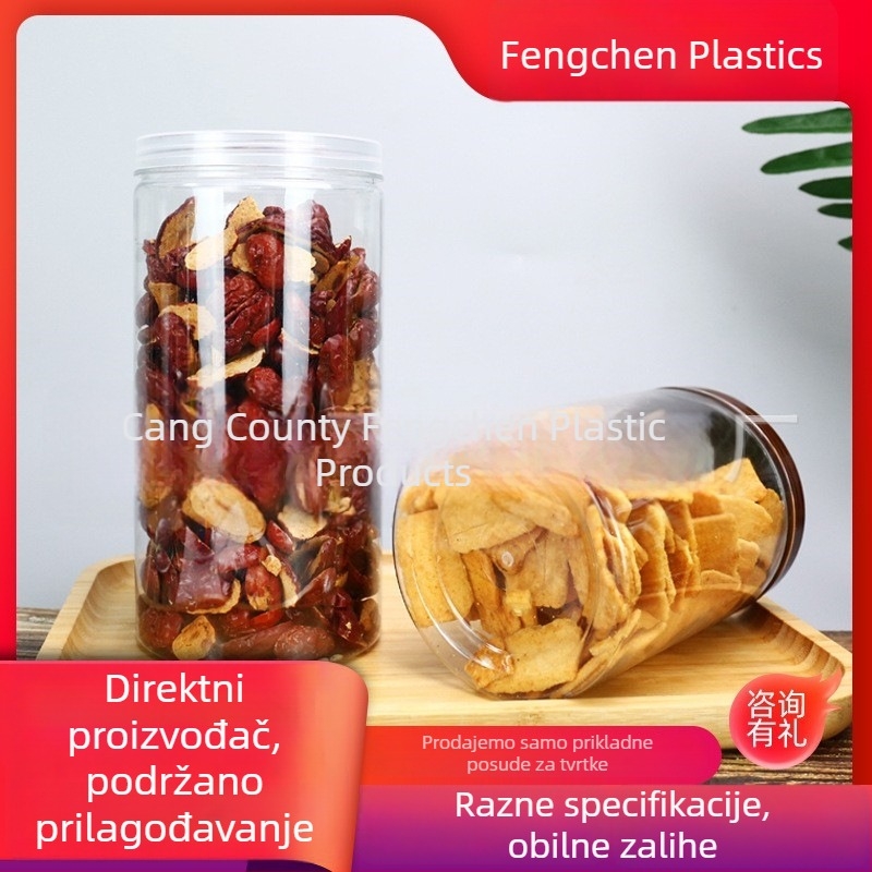 Prozirna plastična zatvorena staklenka za skladištenje, s širokim otvorom, za orašaste plodove, žitarice, grickalice i med; PET plastika; poklopac; prilagodljiv model