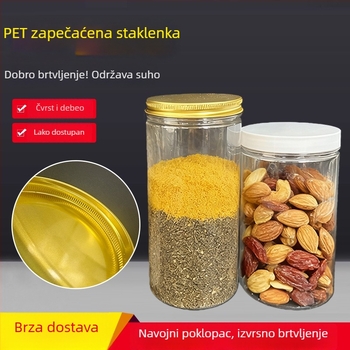 Prilagođena prozirna PET plastična posuda s otvorom od 85 mm, prehrambene kvalitete za orašaste plodove, žitarice, grickalice i med