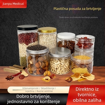 Prilagođena prozirna PET plastična posuda s otvorom od 85 mm, prehrambene kvalitete za orašaste plodove, žitarice, grickalice i med