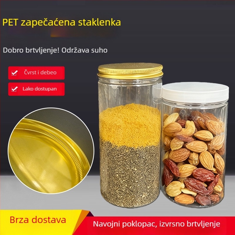 Prilagođena prozirna PET plastična posuda s otvorom od 85 mm, prehrambene kvalitete za orašaste plodove, žitarice, grickalice i med