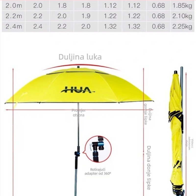 Huashi Zhanlu ribarski kišobran, dvostruko slojevita crna prevlaka, vanjski ribarski kišobran, zaštita od sunca i kiše, ojačan, velik, 2.2–2.4 m