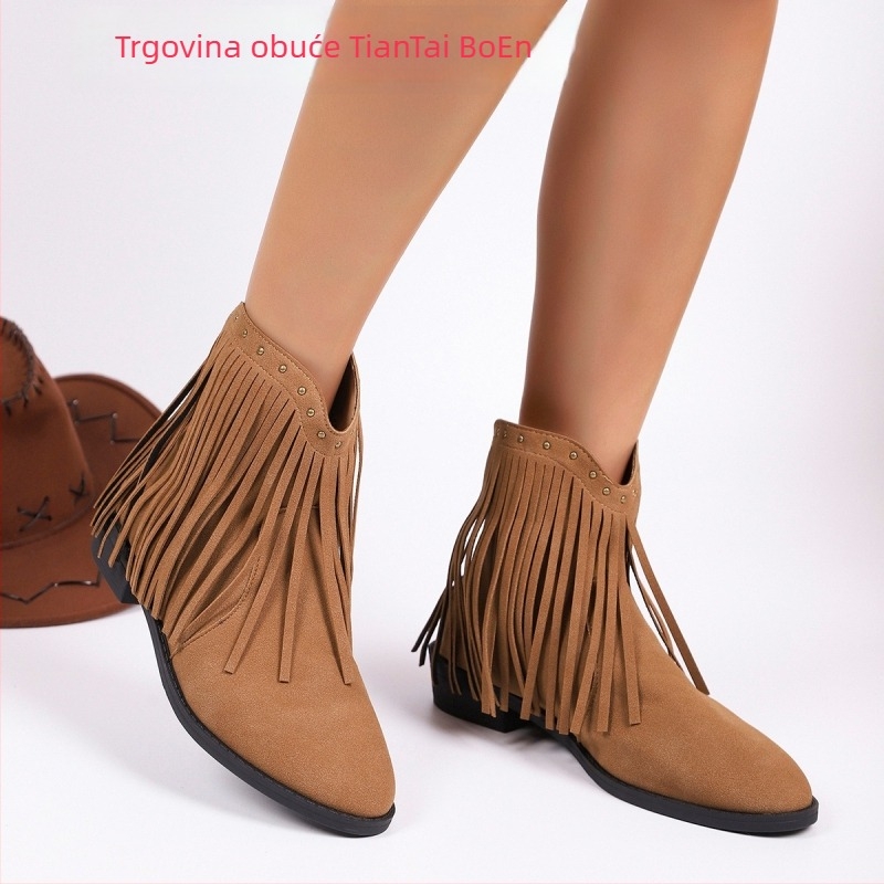 Ženske velur gležnjače s resicama, slip-on dizajna, okrugli vrh prsta, niski potpetice, za jesen i zimu