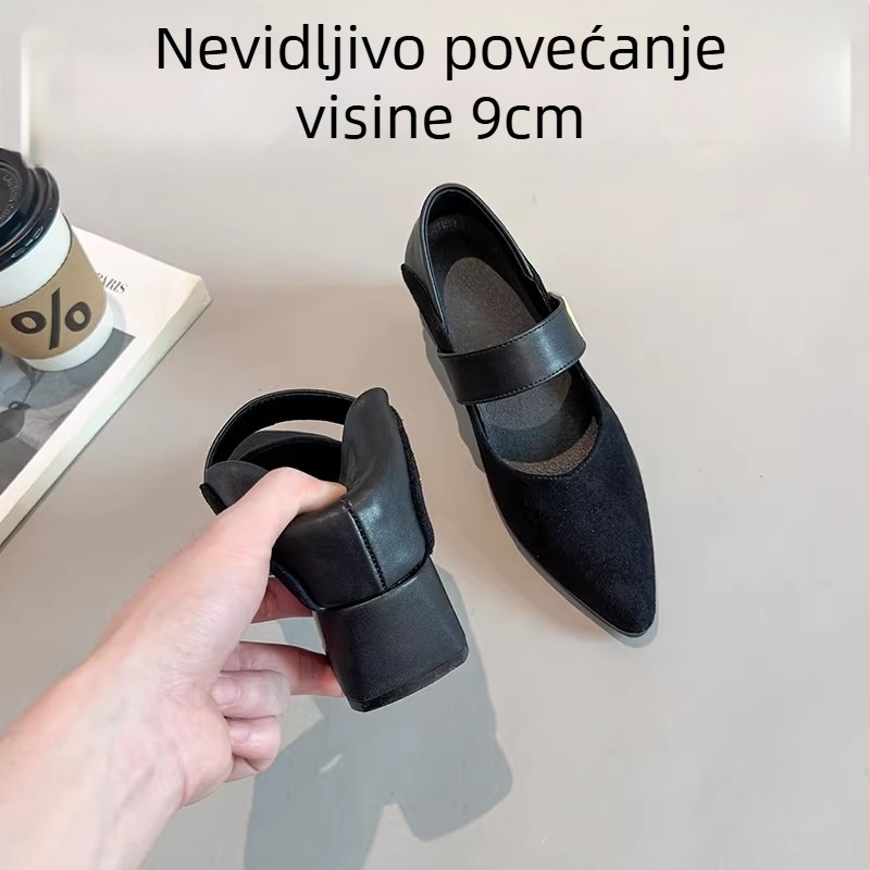 Ženske Mary Jane cipele s 9 cm povećanjem visine, francuskog stila, špičast vrh, debeli potpetice, jedan remen, velur