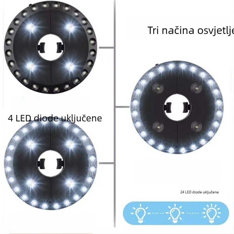 LED svjetlo za kišobran za kampiranje s 24+4 LED diskova – osvjetljenje šatora, nadstrešnice i plaže