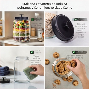 Crni stakleni posude za čuvanje, set od 4 komada, kapacitet 3,1–4 L, za kiseljenje, mariniranje i suhe namirnice