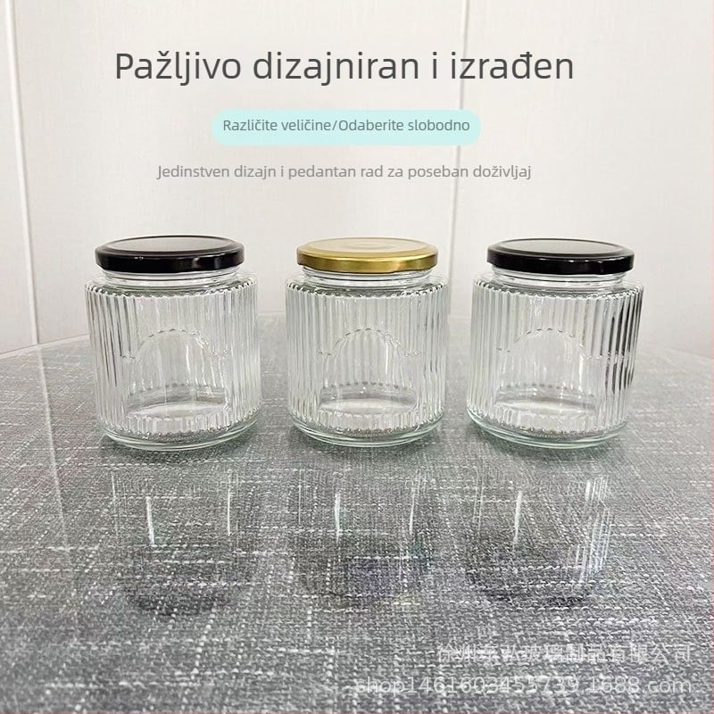 Staklena okrugla posuda za pohranu s vertikalnim prugama, 301–500 ml, zapečaćeni poklopac