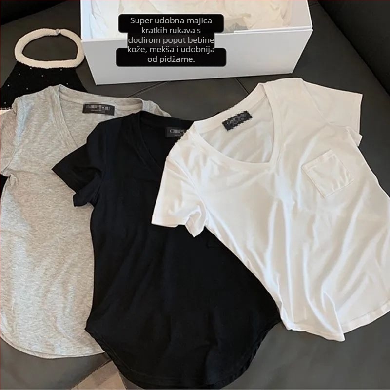 Ženski T‑shirt kratkih rukava s blagim drapiranjem oko V‑izreza, korejski stil opuštene krojenje, ljeto 2026