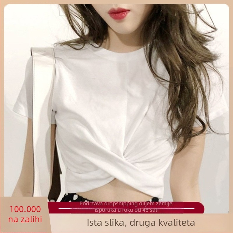 Korejskog stila jazz crop top, bijela, kratki rukavi, križni dizajn, ultra-kratak kroj, ljeto 2024