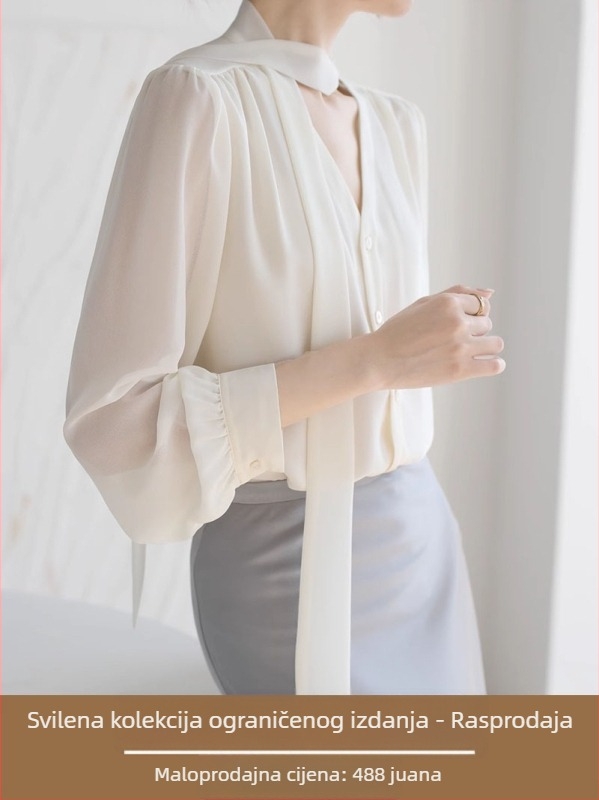 Ženska svilena bluza s dugim rukavima u francuskom stilu, jesenji elegantni top s mašnicom