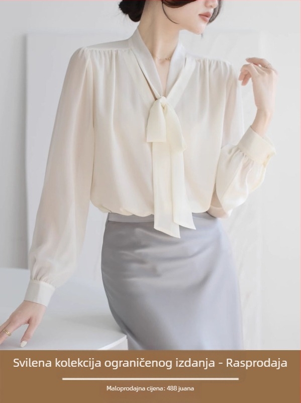 Ženska svilena bluza s dugim rukavima u francuskom stilu, jesenji elegantni top s mašnicom