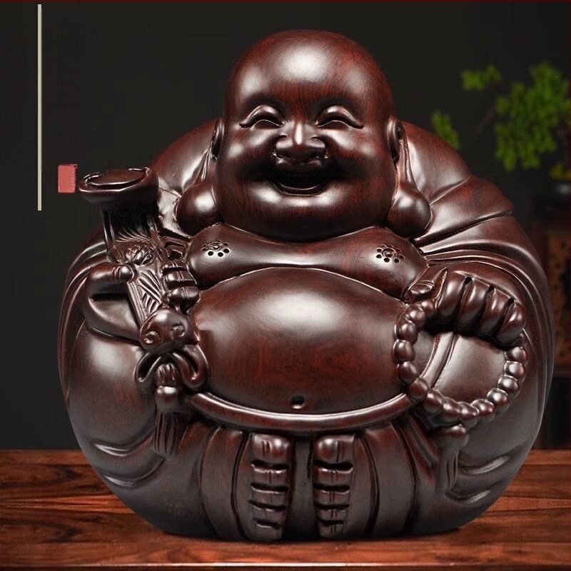 Statua Buddhe Maitreya, rezbarena od Ebenovog drveta, mali stolni ukras, dekor dnevnog boravka od masivnog drveta, nasmijani Buda s mirnom aurom