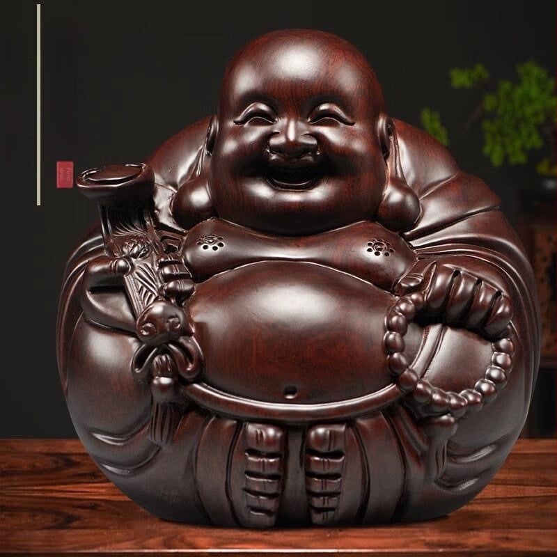Statua Buddhe Maitreya, rezbarena od Ebenovog drveta, mali stolni ukras, dekor dnevnog boravka od masivnog drveta, nasmijani Buda s mirnom aurom
