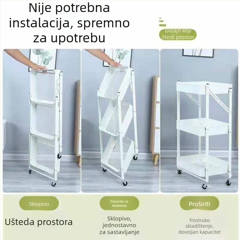 Kuhinjska kolica za pohranu s kotačićima, bez montaže, tri razine, sklopiva