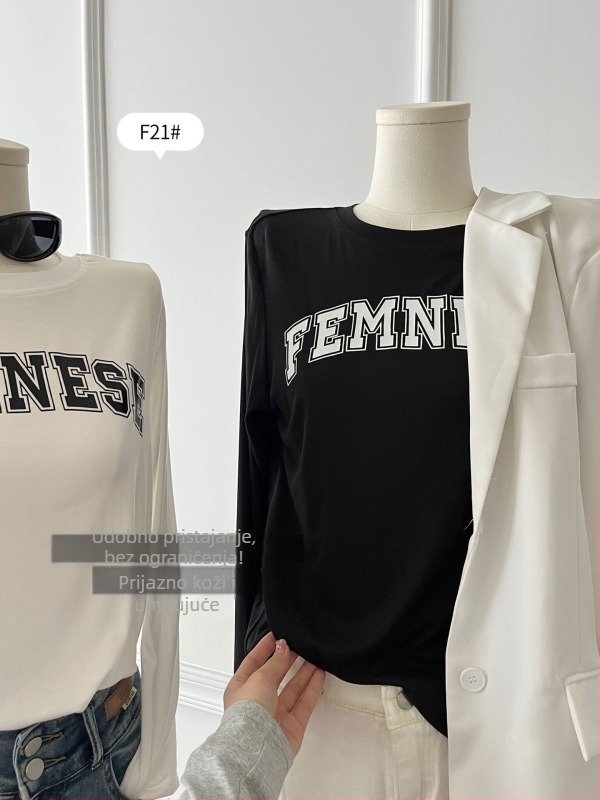 Fuxina ženska bijela majica s dugim rukavima, jesen 2025, okrugli izrez, slobodan kroj, natpis slovima, osnovni sloj