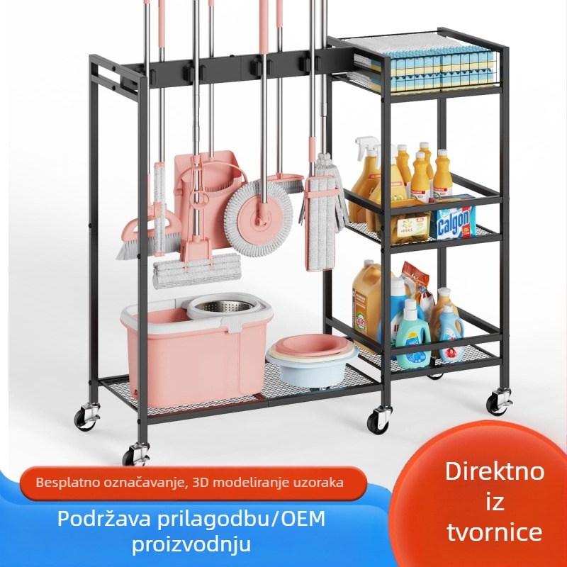 3-etasni kolica za pohranu alata za čišćenje s kotačićima, za vrt i dvorište, mop i metla, organizacija garaže