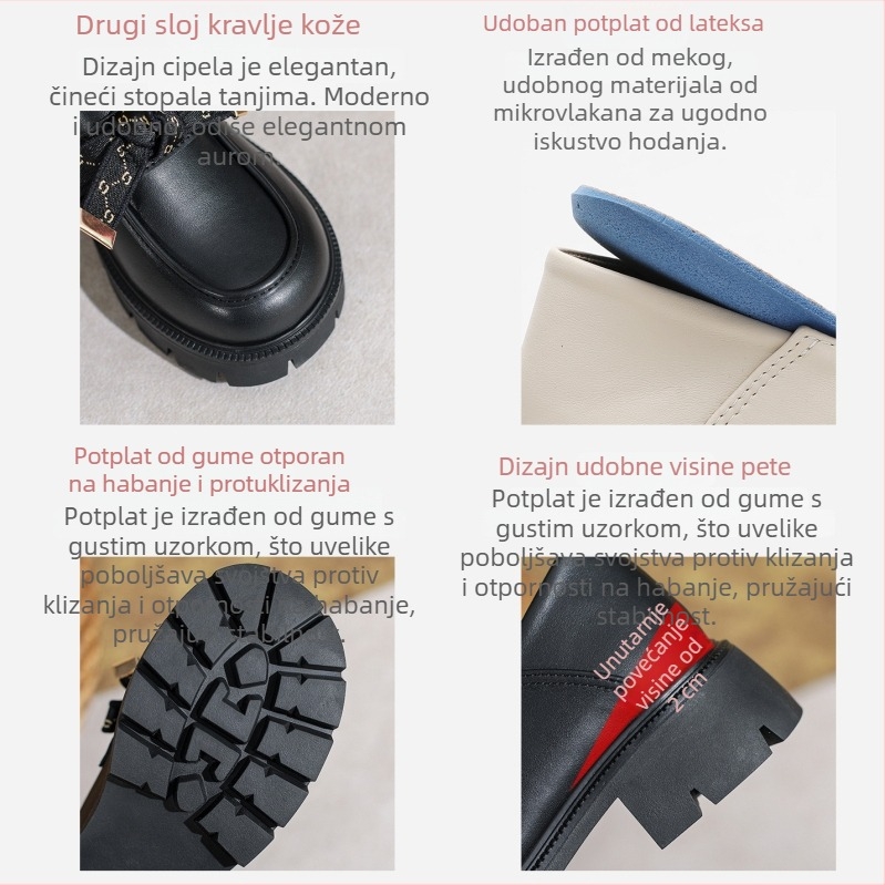 Ženski loafers od prave kože, 7 cm povećanje visine, slip-on, debela gumena potplat, mašna, veličina 32