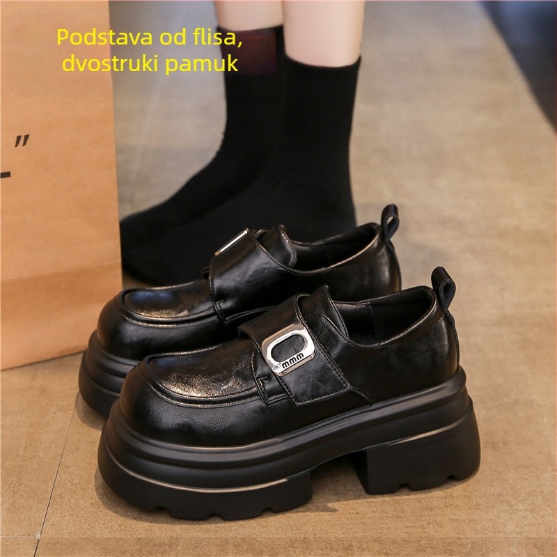 Platformske loaferice za žene nižeg rasta, 7 cm povećanje visine, male kožne cipele, vintage stil 2025 s Velcro kopčom