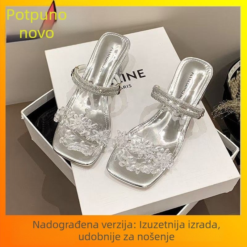 Ženske sandale s jednim remenom i rhinestones u obliku cvijeta, otvoreni prst, niski kvadratni potpetica