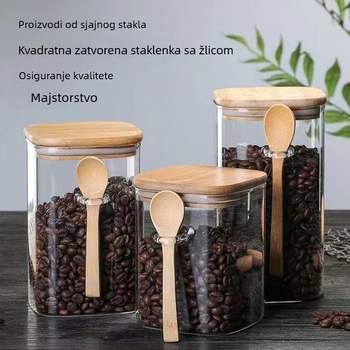Kvadratna staklena posuda s žličicom za kućno skladištenje u kuhinji — žitarice, kava i čaj (301–500 ml)