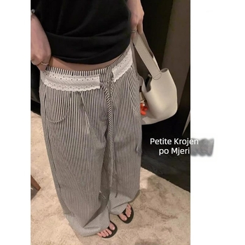 Ženske hlače casual s čipkom i patchworkom, prugaste, visokim strukom, ravne široke nogavice