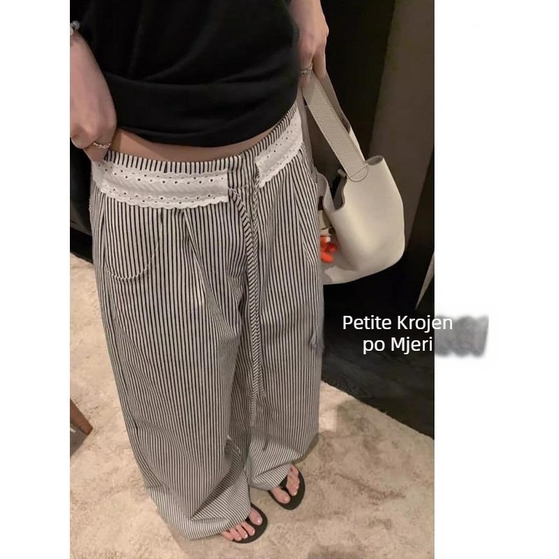 Ženske hlače casual s čipkom i patchworkom, prugaste, visokim strukom, ravne široke nogavice