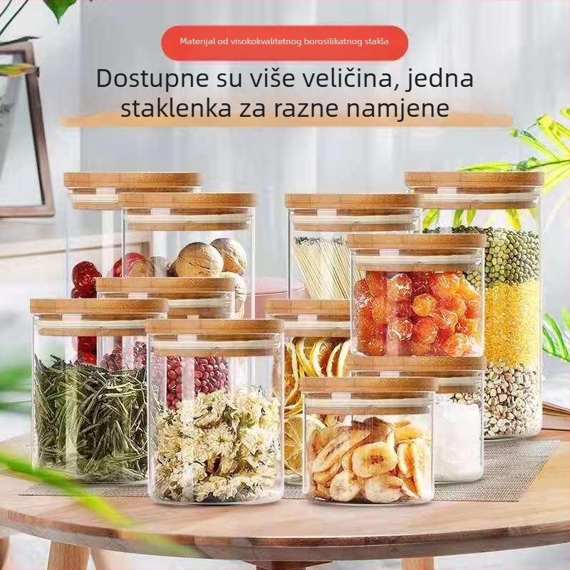 Staklena kuhinjska posuda s bambusovim poklopcem, hermetički zatvorena, borosilikatno staklo, zapremina 240–1400 ml