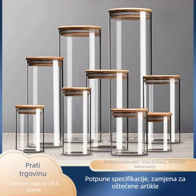 Staklena posuda za hranu s poklopcem od bambusa, za pohranu žitarica i čajeva, staklo visokog sadržaja silika