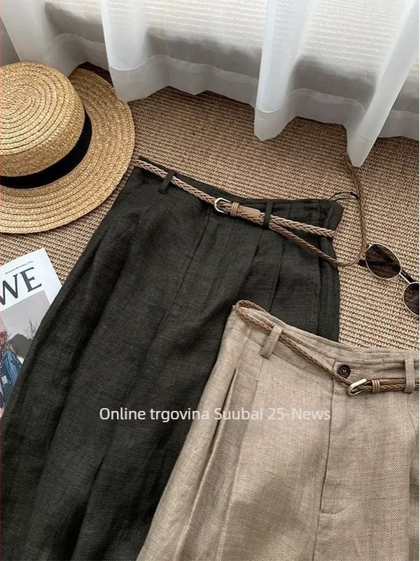 Ženske hlače od lana s širokim krojem, khaki boje, visokim strukom, lagane i vizualno dotjerane, casual stil, proljeće 2026