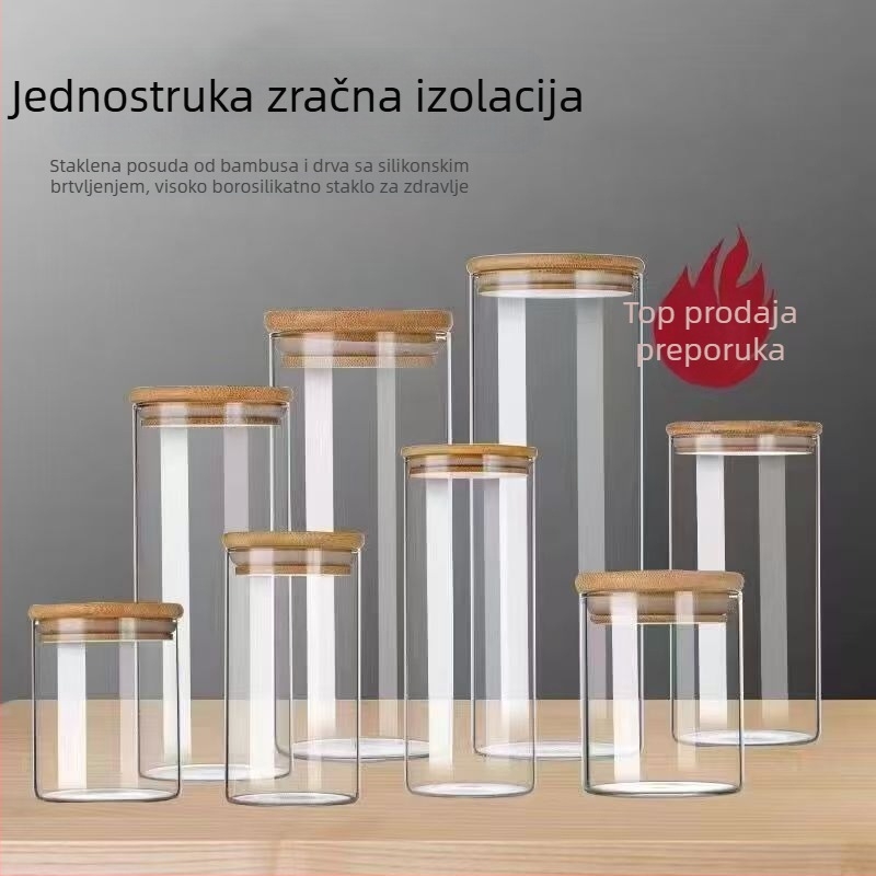 Staklena posuda s hermetičkim zatvaranjem za kuhinju, prozirne posude za začine i namirnice s bambusovim poklopcem, otporne na vlagu
