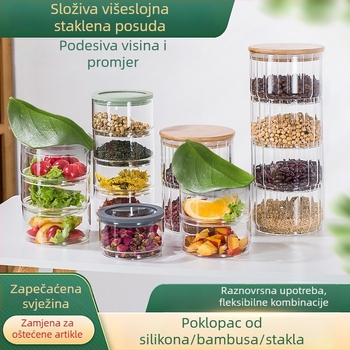 Stakleni višeslojni spremnik za skladištenje s poklopcem od bambusa/silikona/stakla – zatvorene posude za žitarice i grickalice