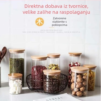 Prozirna borosilikatna staklena posuda s poklopcem, okruglog cilindričnog oblika, za pohranu žitarica u kuhinji