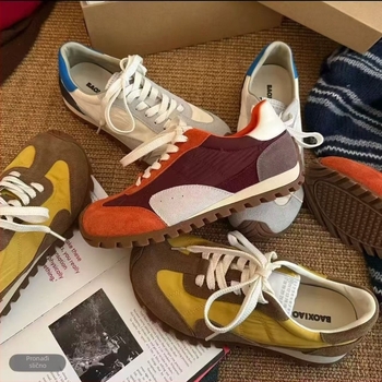 Ženske tenisice u korejskom stilu, retro boja blok, koža, vezice, lagane svakodnevne tenisice