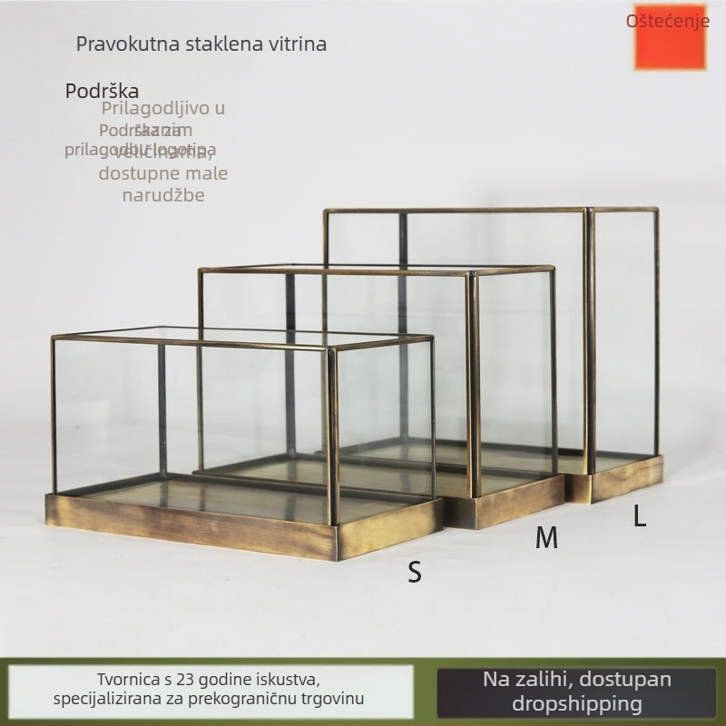 Pravougaona retro vitrina s bakrenim okvirom i staklenim poklopcem za mini pejzažne dekoracije, proziran zaštitni kapak od prašine