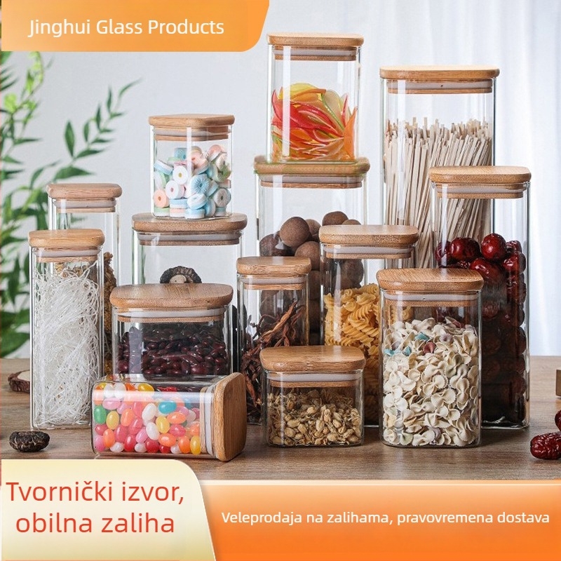 Čajna posuda s bambusovým poklopcem, kvadratna staklena posuda s silikonom brtvom, 301–500 ml, moderni minimalistički dizajn
