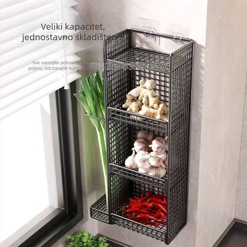 Zidni kuhinjski regal za pohranu zelenog luka, đumbira i češnjaka, košarica za povrće, vodootporna