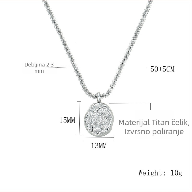 Ogrlica od titanij-čelika sa svjetlećom teksturom, unisex, geometrijski dizajn s okruglim pločastim privjeskom i teksturom aluminijske folije, duljina 51–60 cm